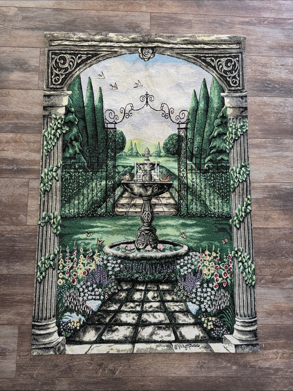 Garden Fountain Tapestry Wall Art in Green by Vicky Howard